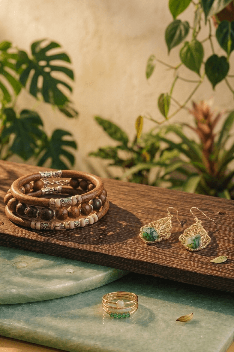 Capim dourado golden grass jewelry on dark stone with amethyst