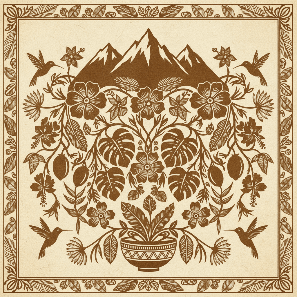 Swiss Scherenschnitt paper-cutting with Brazilian tropical motifs and alpine mountains
