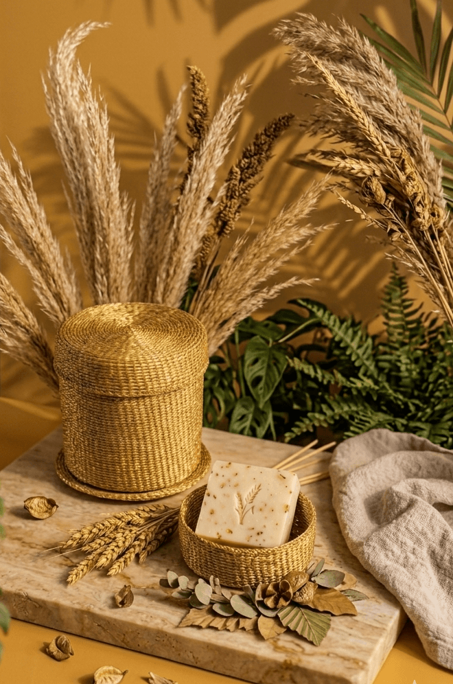 Swiss poster style composition with handmade ceramic bowl and candle
