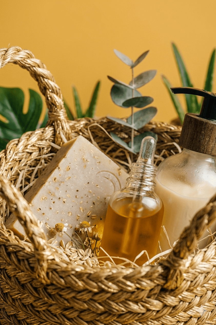 Xilogravura woodcut print of hands applying body oil with botanical ingredients